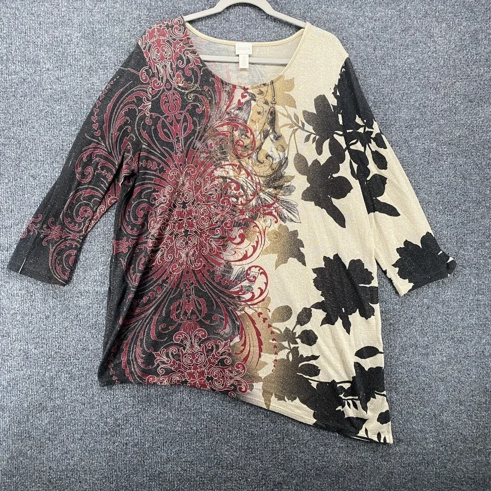 Chicos Sweater Womens XL Floral Watercolor Asymmetrical Artsy Abstract Casual